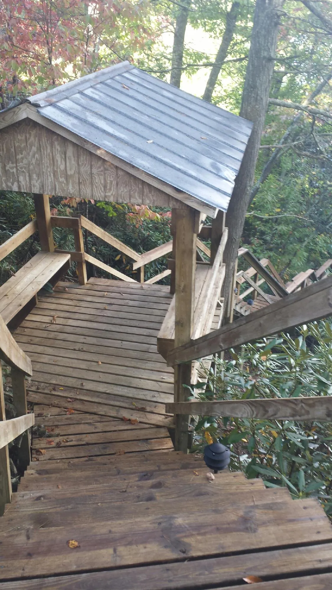 Metal roofed shelter over wooden steps on a wooded walkway — Skylight Repair & Installation work by our crew in Tuskegee